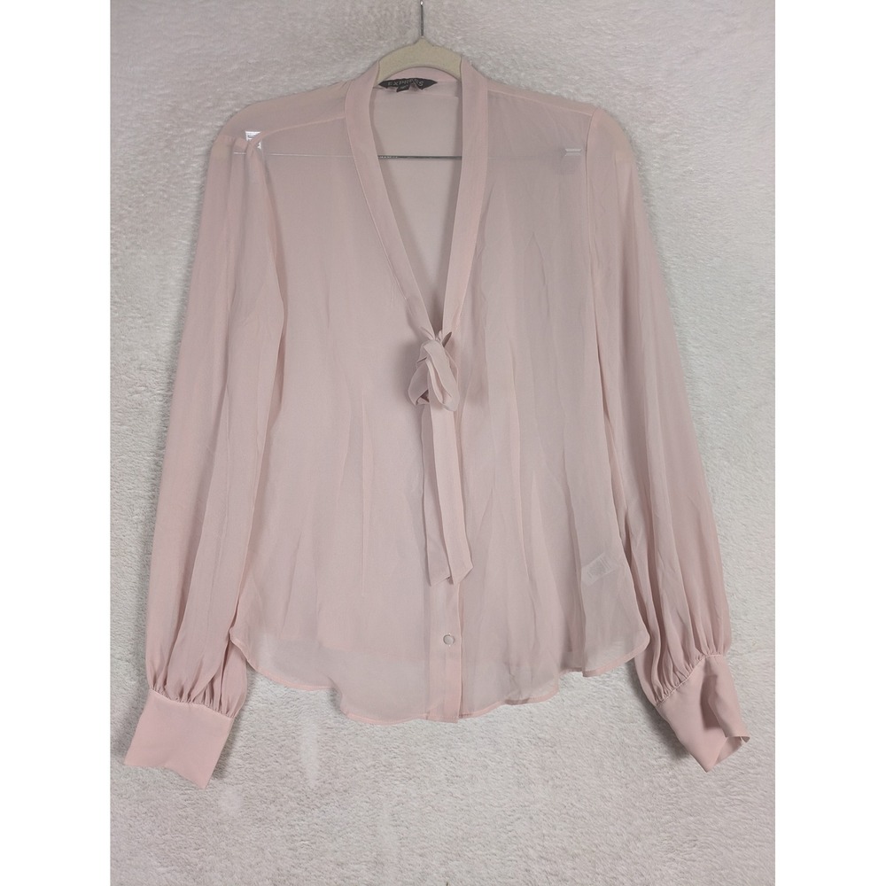 Express Blouse Women's S Pink Sheer Tie Neck Long Sleeve Button Cuff V-Neck